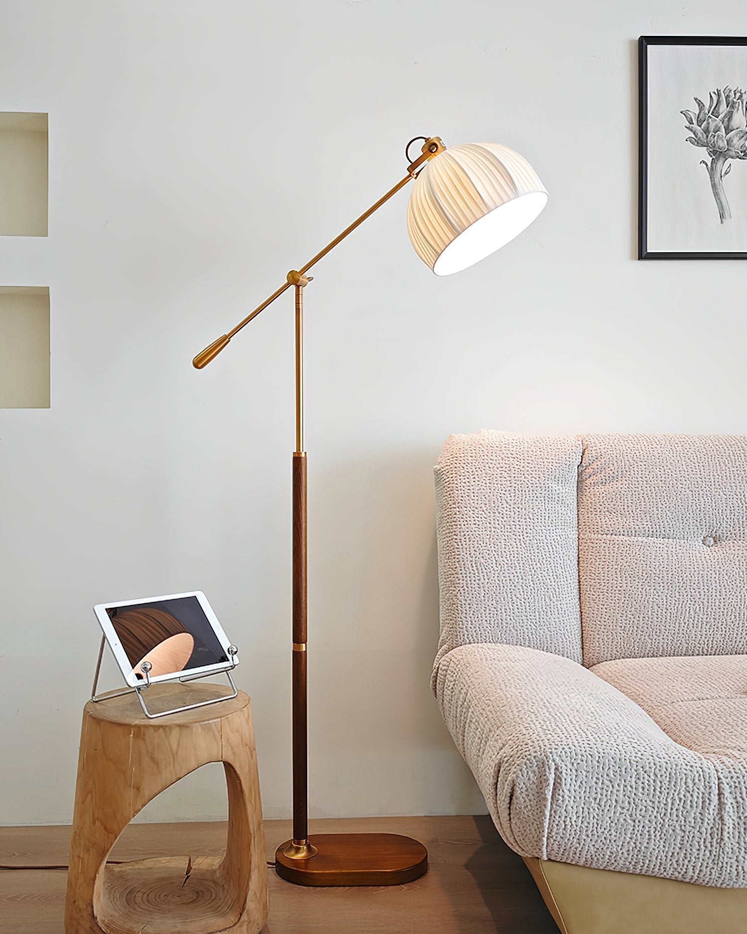 vintage-pleated-fabric-standing-lamp-with-polished-wood-base-for-living-room