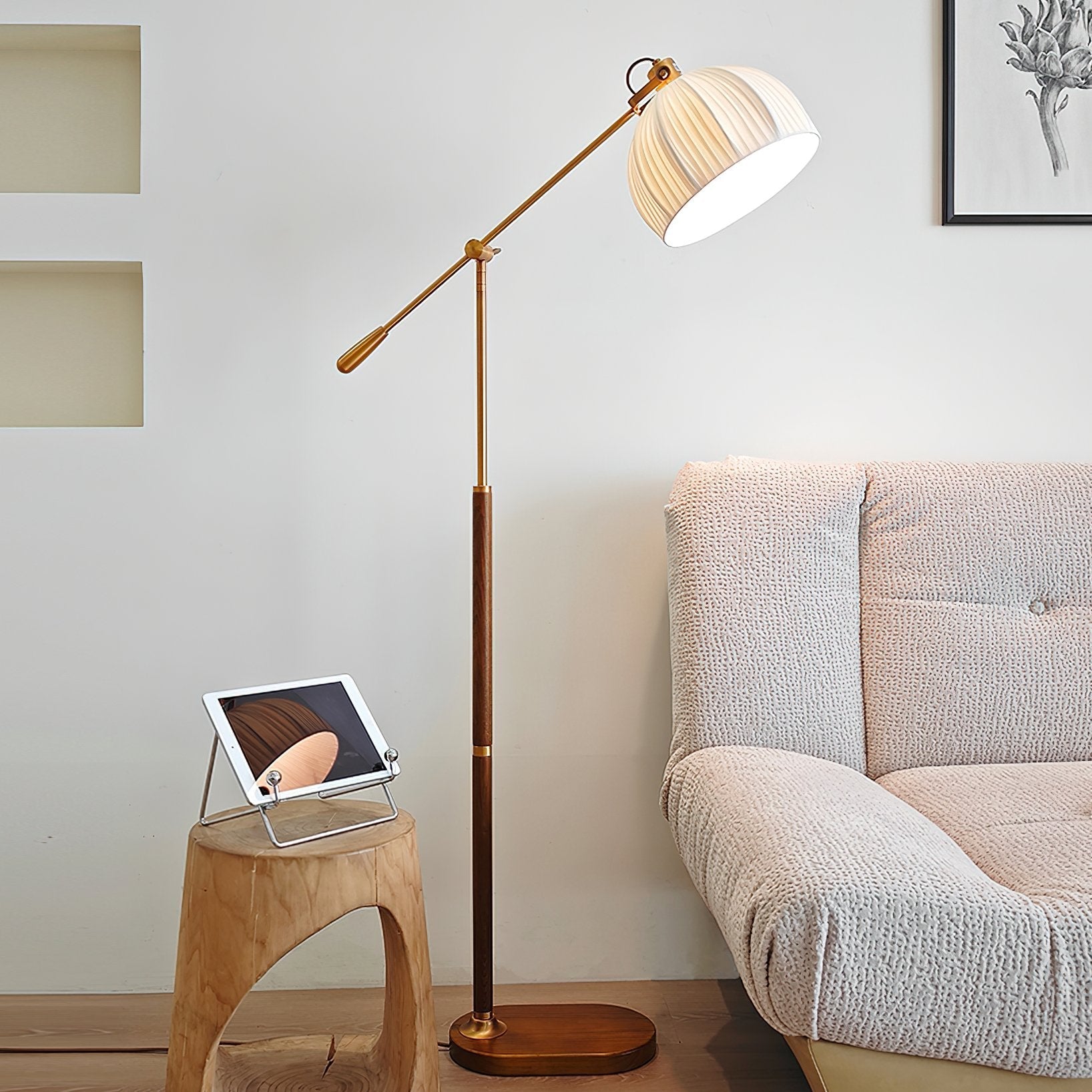 vintage-pleated-fabric-standing-lamp-with-polished-wood-base-for-living-room