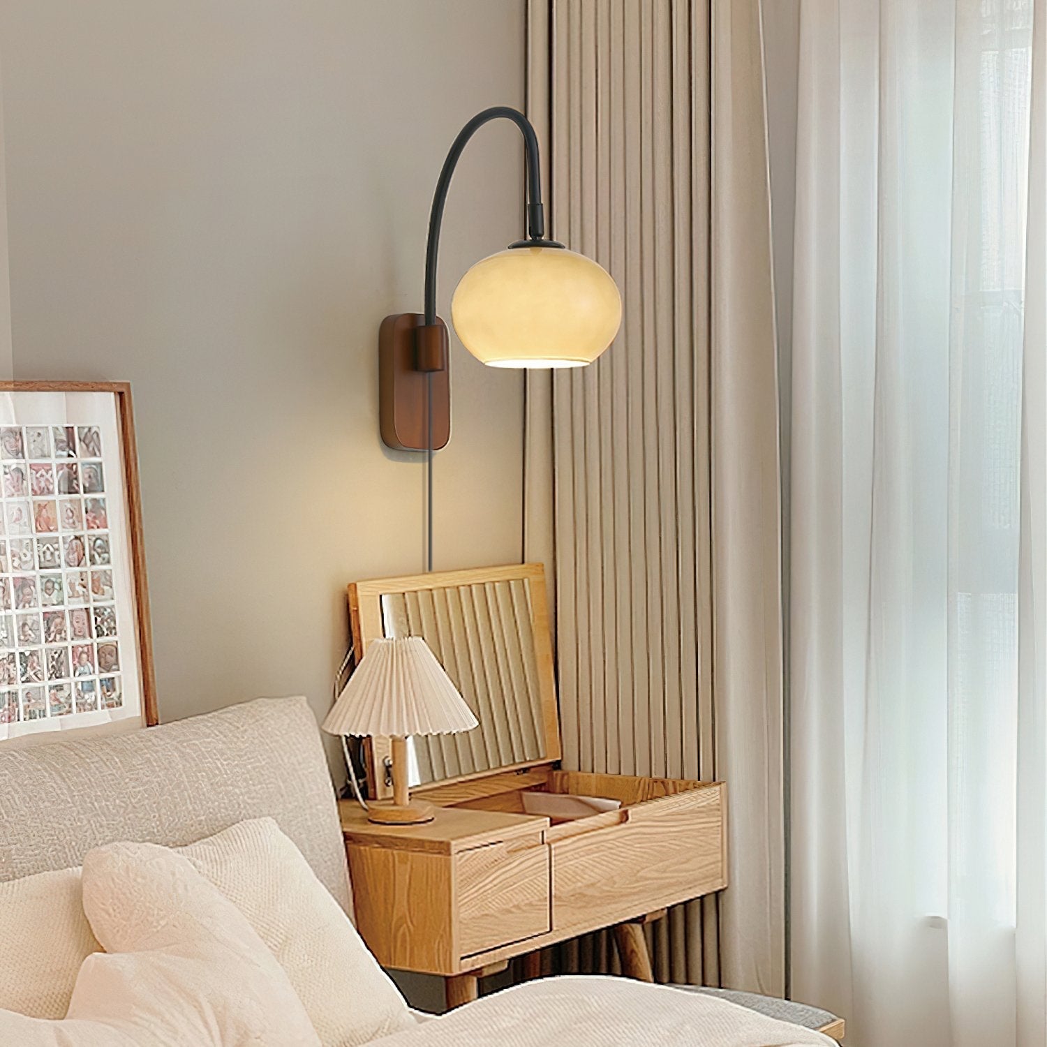vintage-retro-glass-plug-in-wall-lamp-with-walnut-wood-base-for-interior-home-lighting