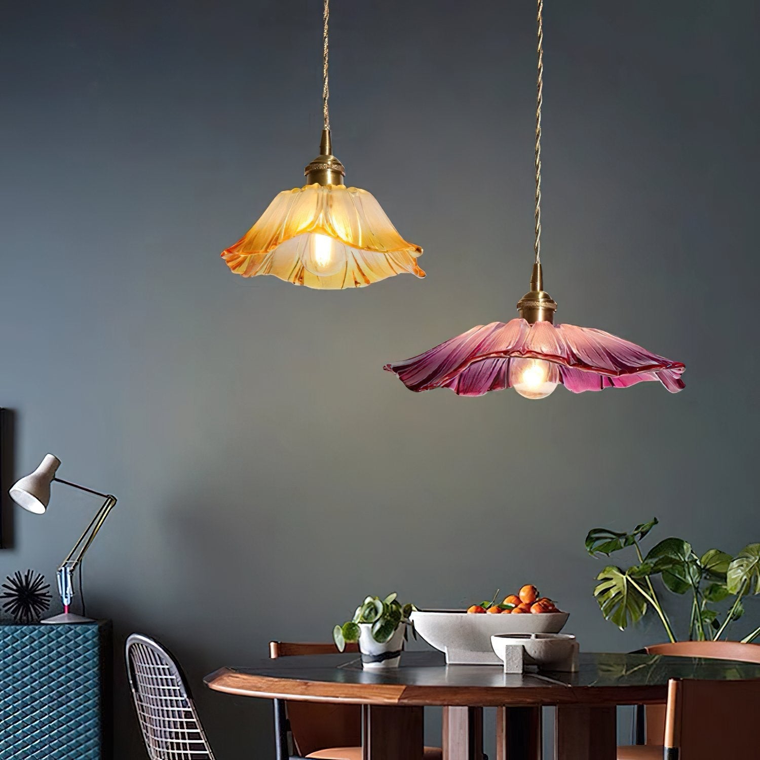 vintage-lotus-style-glass-pendant-lamp-with-copper-accents-for-dining-room