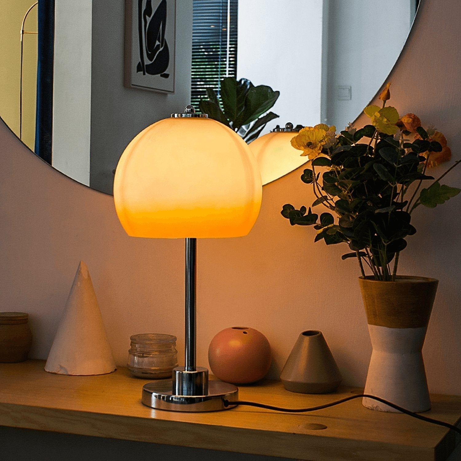 Vintage Chrome Mushroom Glass Table Lamp Retro Bedside Accent Lighting for Modern Interiors
