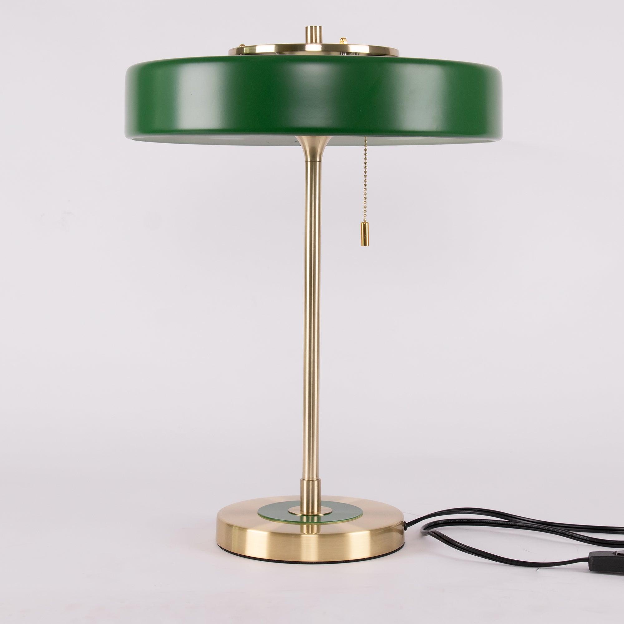 Mid Century Modern Spun Metal Table Lamp with Pull Chain and Opal Diffuser Accent