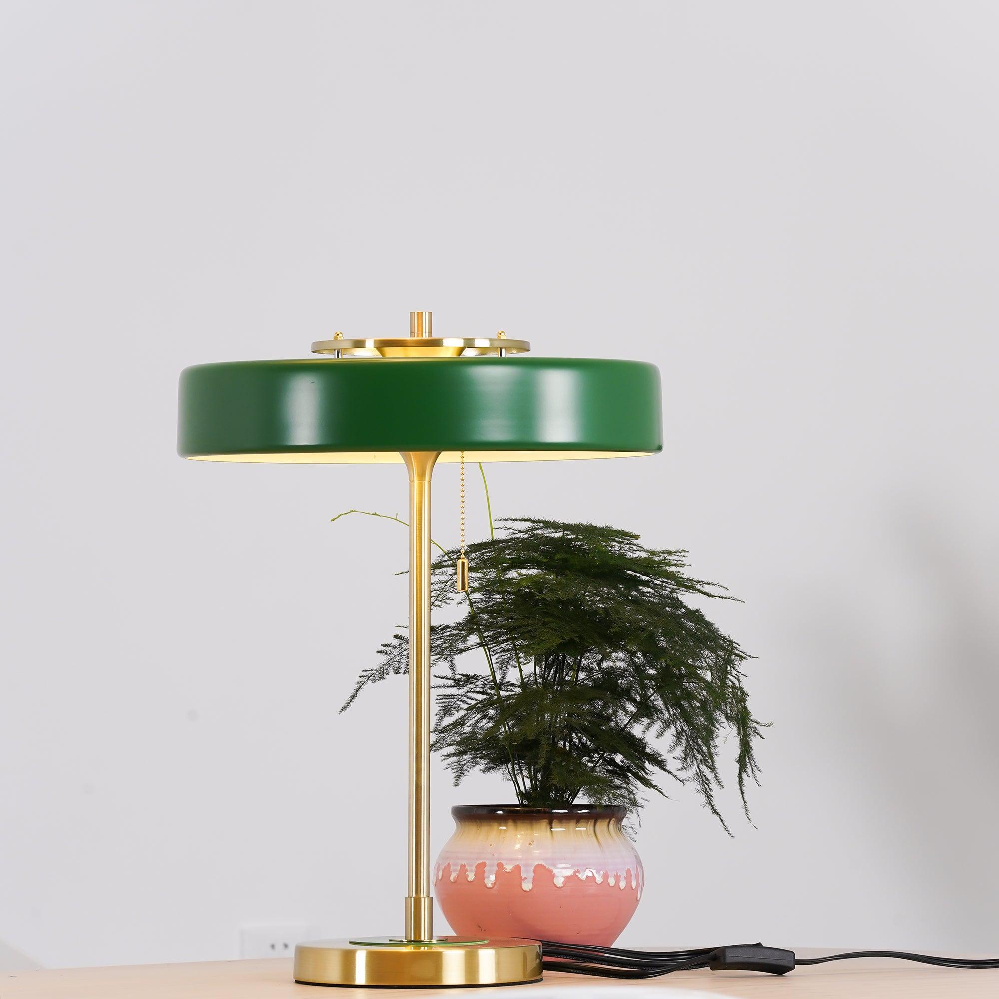 Mid Century Modern Spun Metal Table Lamp with Pull Chain and Opal Diffuser Accent