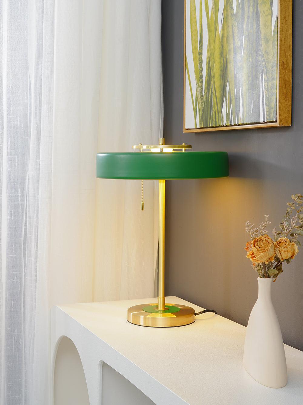 Mid Century Modern Spun Metal Table Lamp with Pull Chain and Opal Diffuser Accent