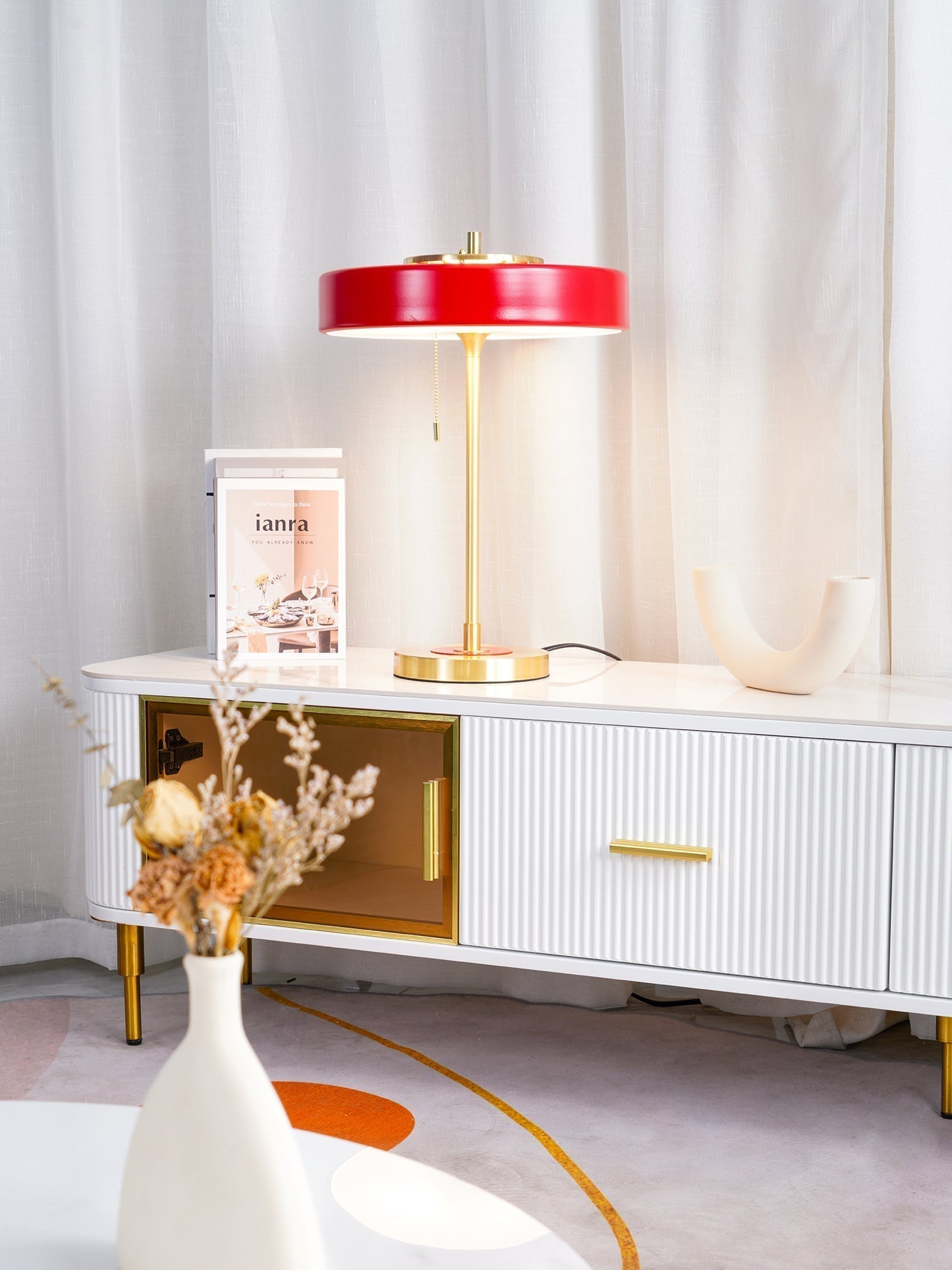Mid Century Modern Spun Metal Table Lamp with Pull Chain and Opal Diffuser Accent