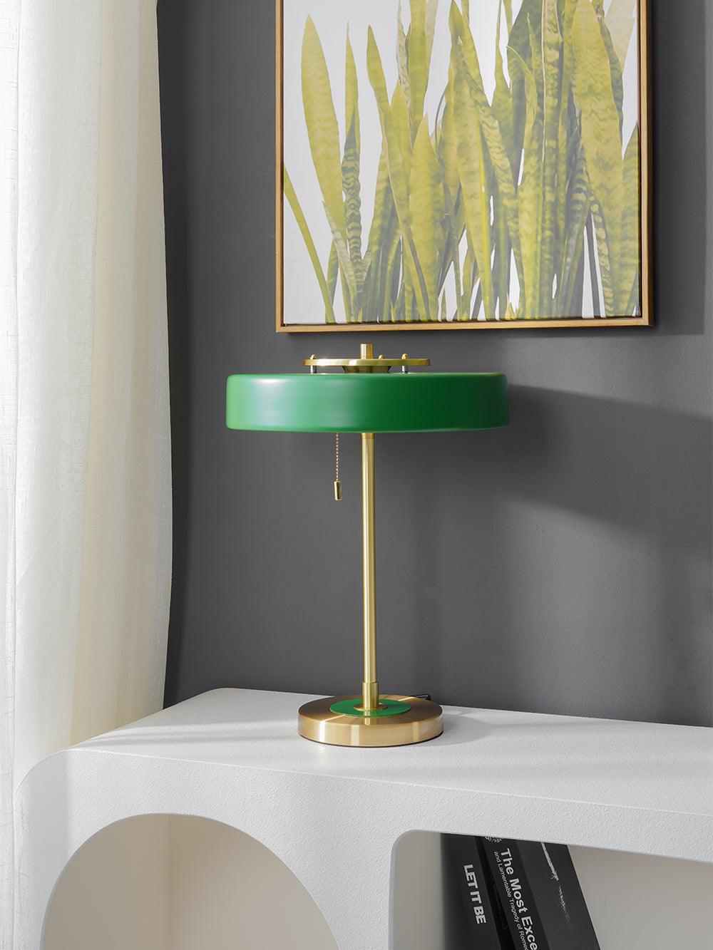 Mid Century Modern Spun Metal Table Lamp with Pull Chain and Opal Diffuser Accent