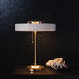 Mid Century Modern Spun Metal Table Lamp with Pull Chain and Opal Diffuser Accent