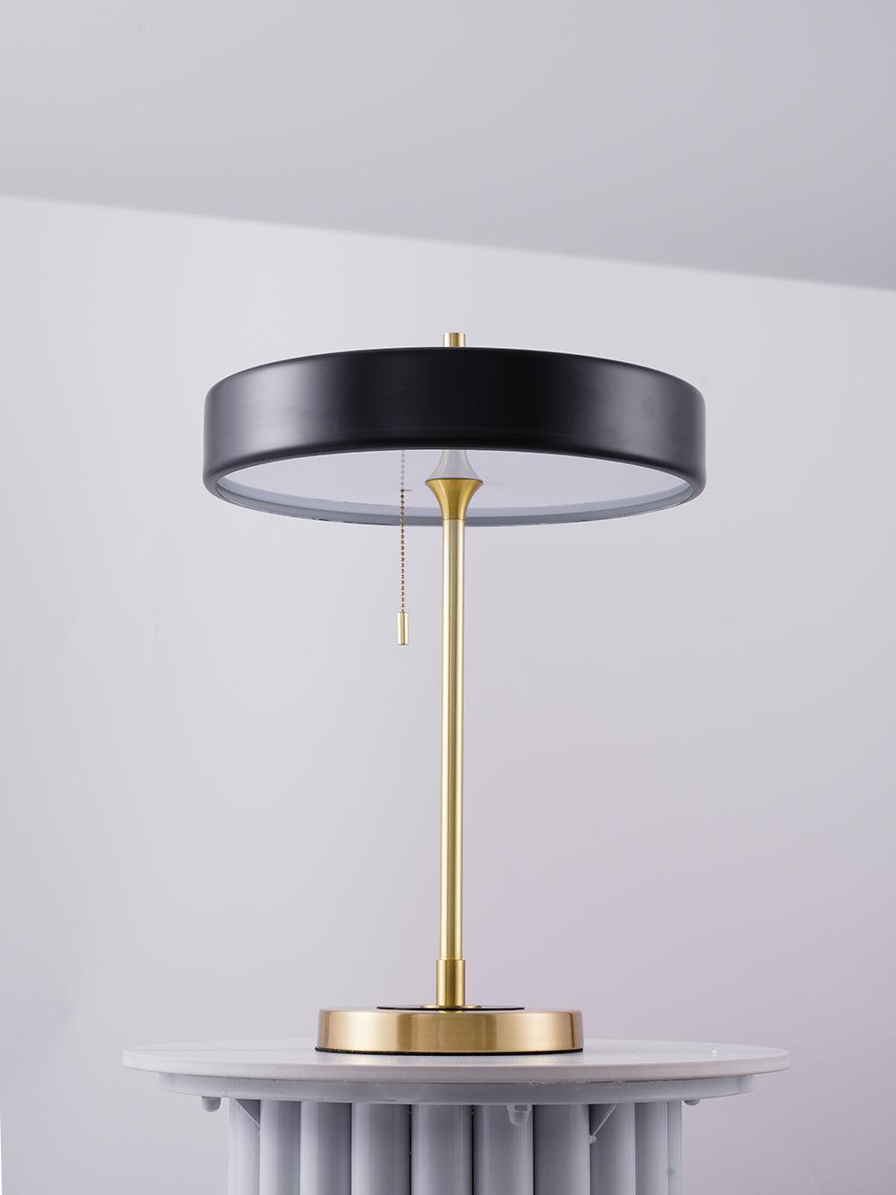 Mid Century Modern Spun Metal Table Lamp with Pull Chain and Opal Diffuser Accent