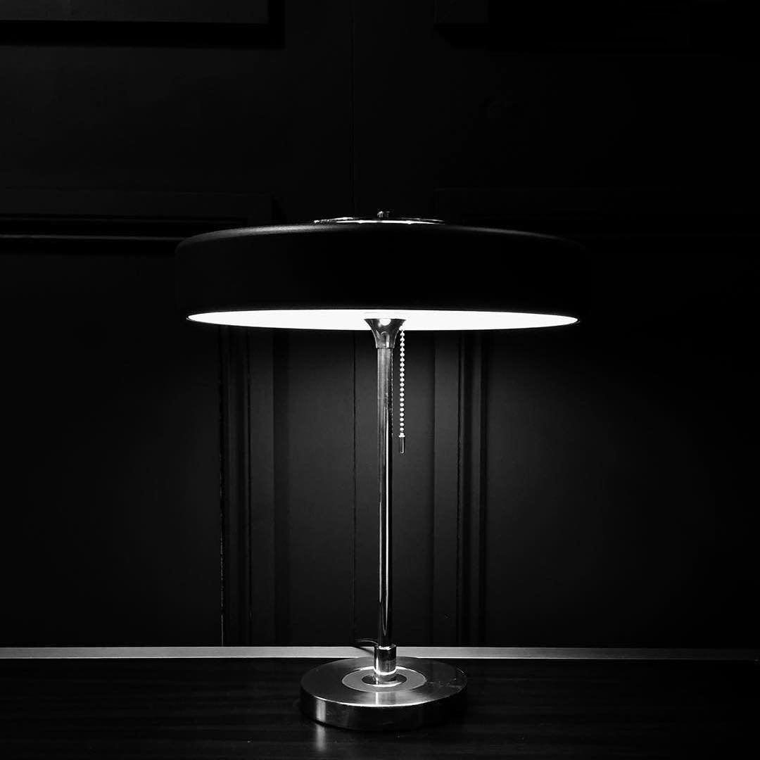 Mid Century Modern Spun Metal Table Lamp with Pull Chain and Opal Diffuser Accent