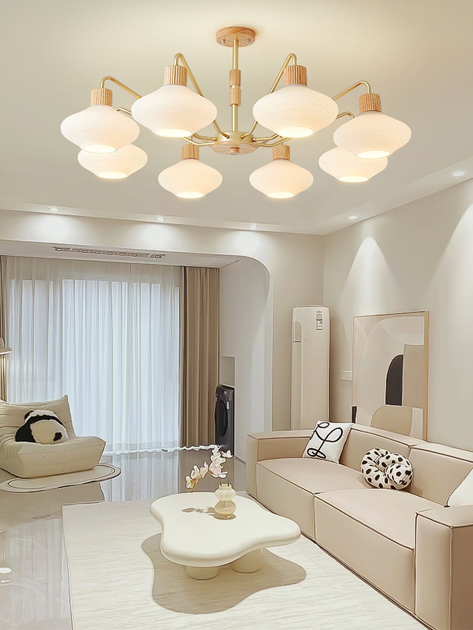 modern-ribbed-rubberwood-chandelier-with-white-glass-globes-and-gold-accents