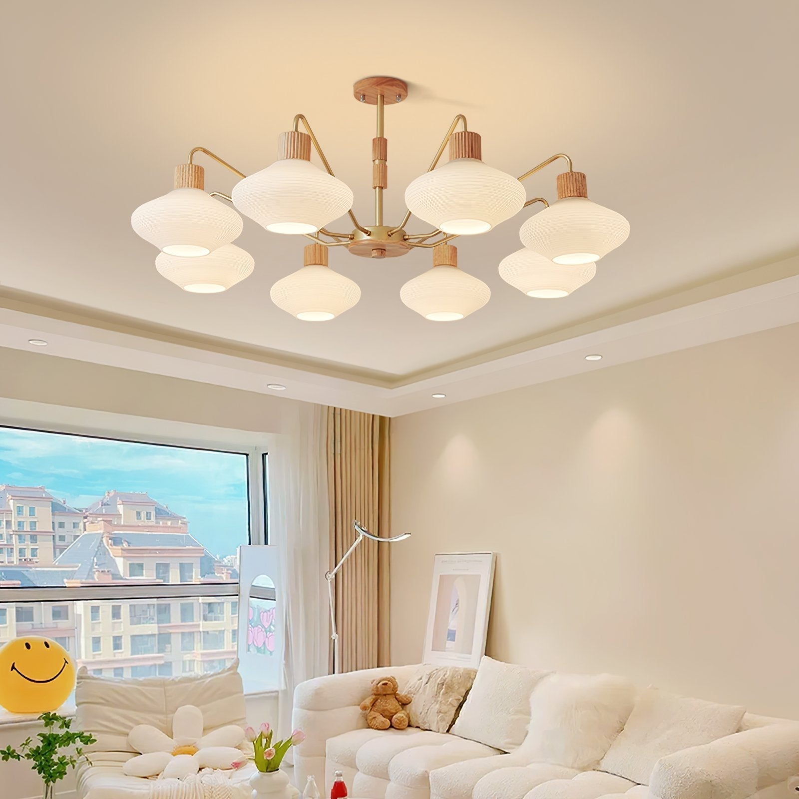 modern-ribbed-rubberwood-chandelier-with-white-glass-globes-and-gold-accents