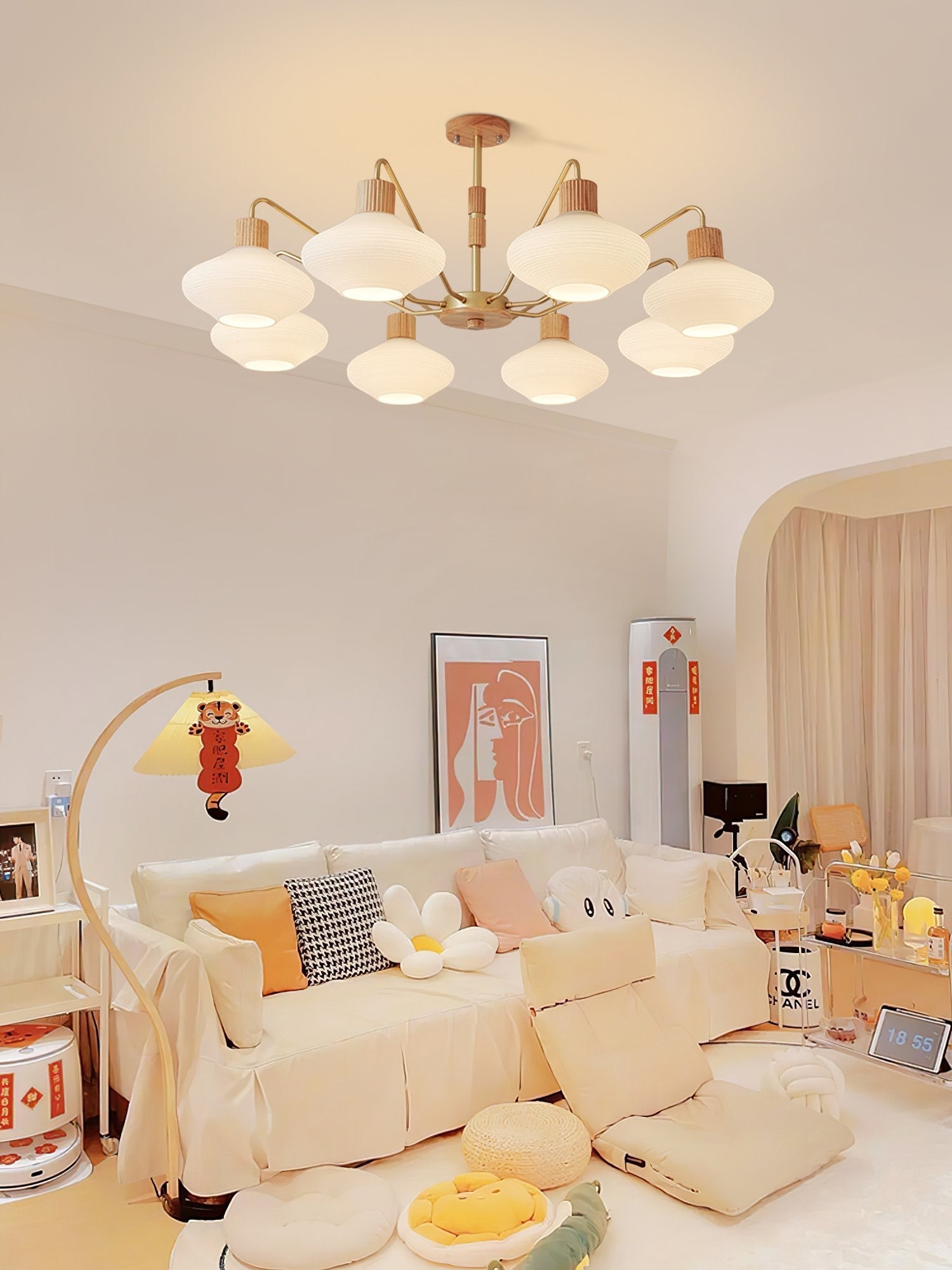 modern-ribbed-rubberwood-chandelier-with-white-glass-globes-and-gold-accents