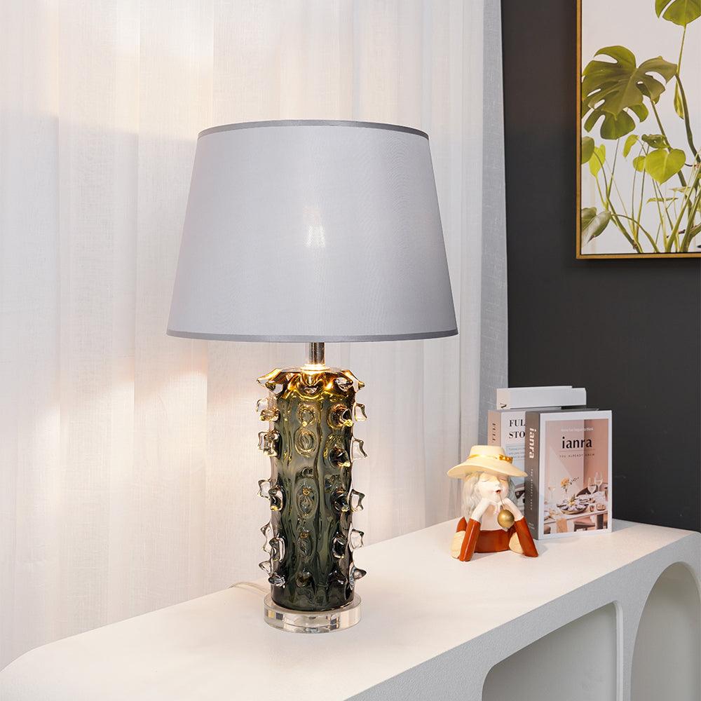 Modern Blown Glass Table Lamp with Green Finish and Grey Fabric Shade for Bedroom