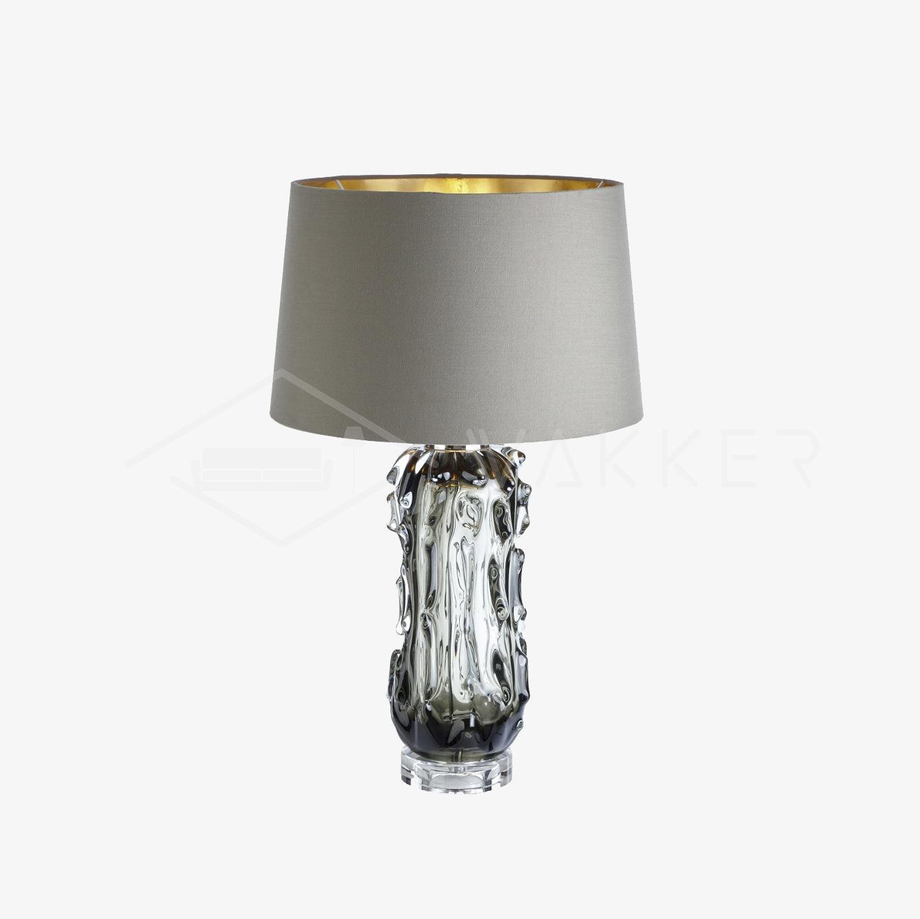 Modern Blown Glass Table Lamp with Green Finish and Grey Fabric Shade for Bedroom