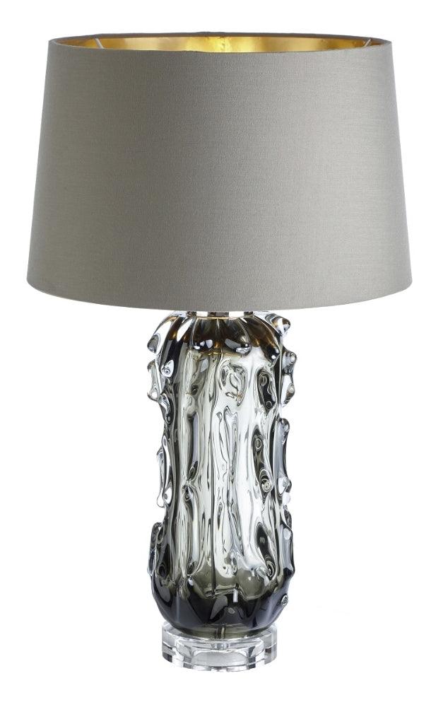 Modern Blown Glass Table Lamp with Green Finish and Grey Fabric Shade for Bedroom