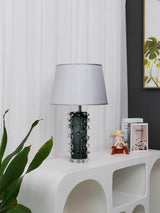Modern Blown Glass Table Lamp with Green Finish and Grey Fabric Shade for Bedroom