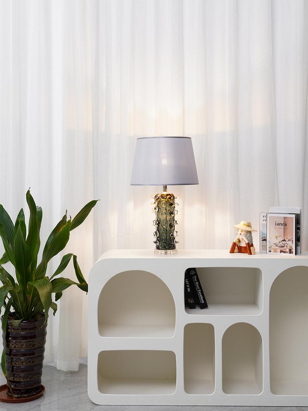 Modern Blown Glass Table Lamp with Green Finish and Grey Fabric Shade for Bedroom
