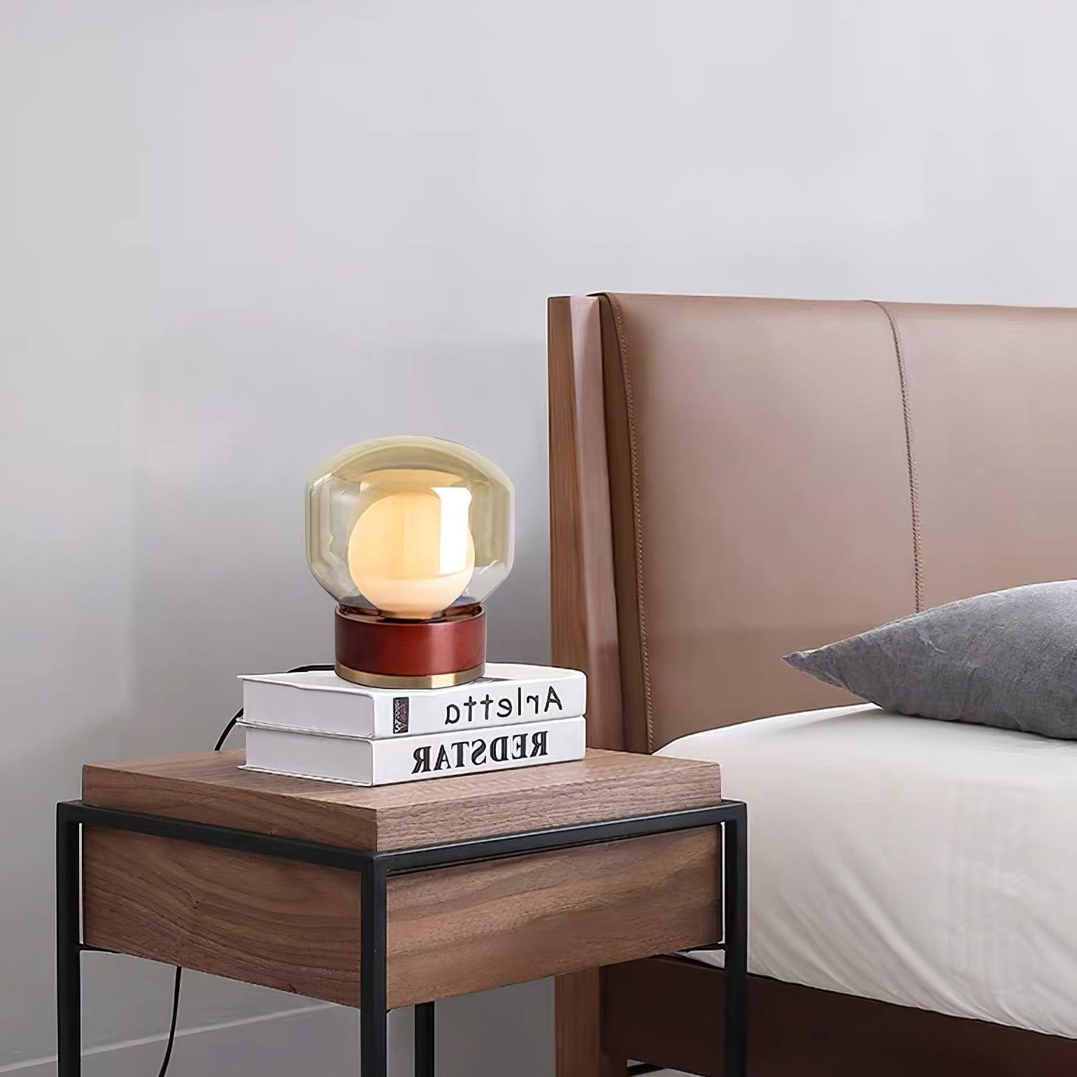 Rigel Contemporary Wood and Metal Table Lamp with Amber Glass Shade for Bedroom