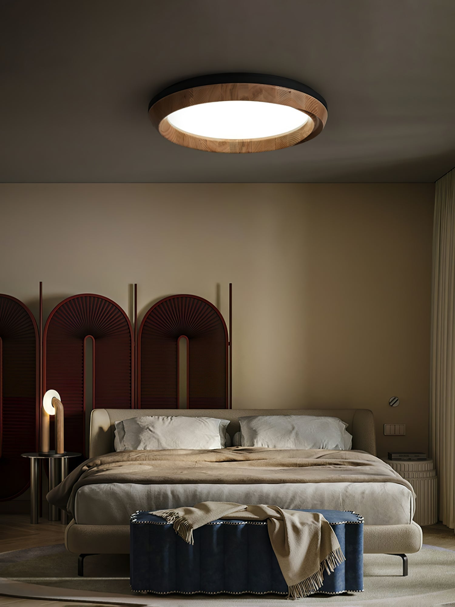 Modern Ripple Wood Integrated LED Ceiling Light Circular Flush Mount Fixture