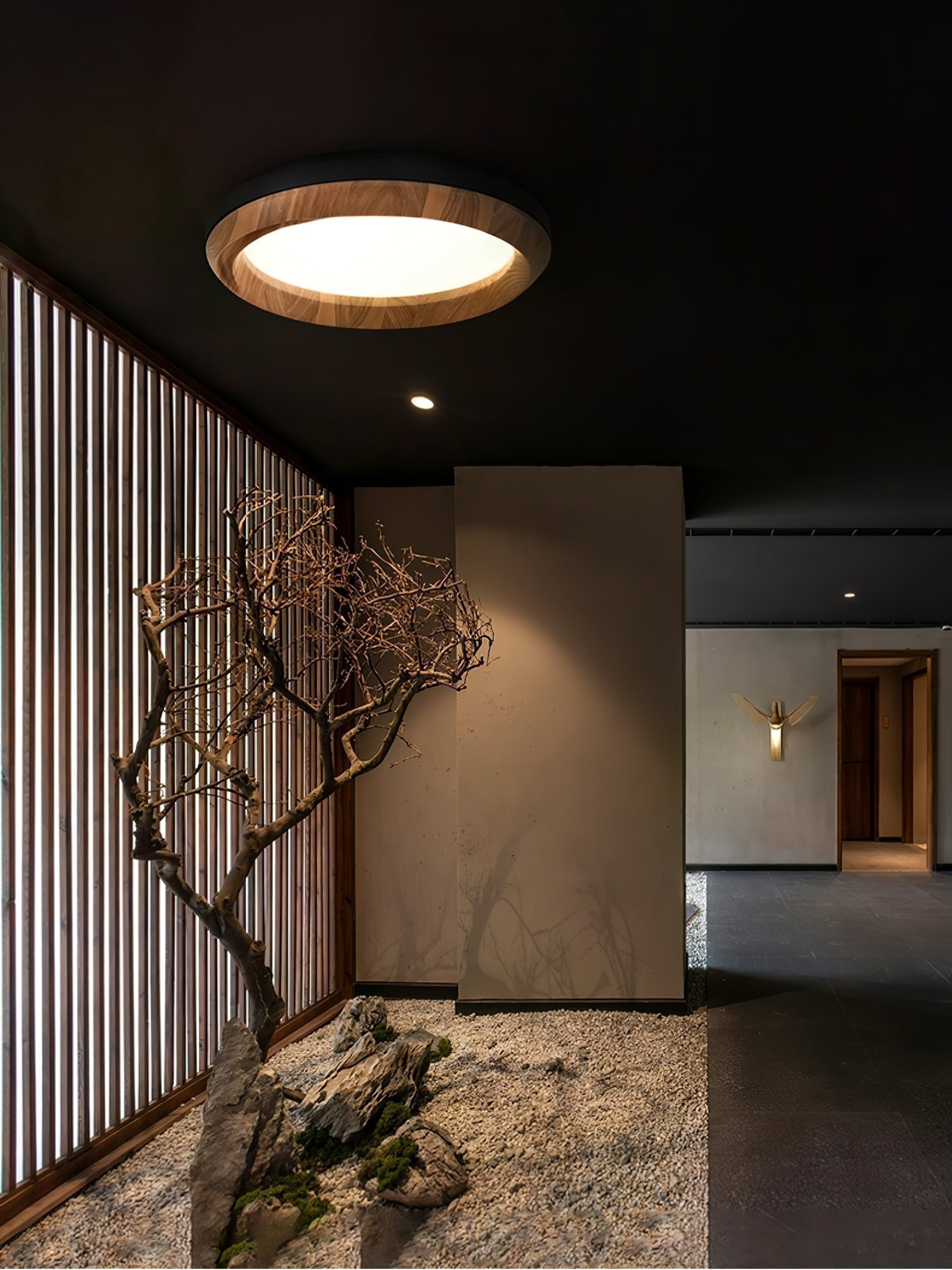 Modern Ripple Wood Integrated LED Ceiling Light Circular Flush Mount Fixture