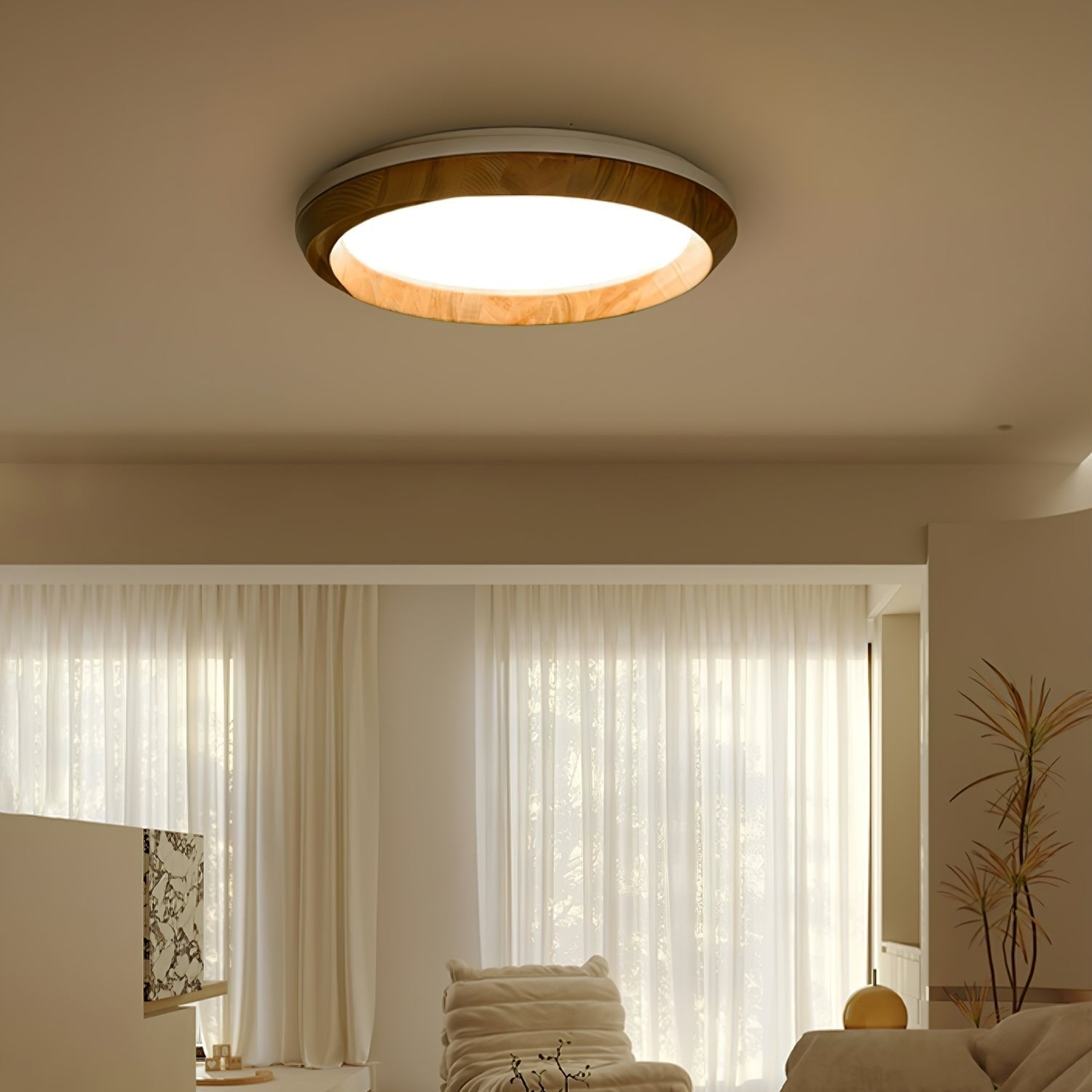 Modern Ripple Wood Integrated LED Ceiling Light Circular Flush Mount Fixture