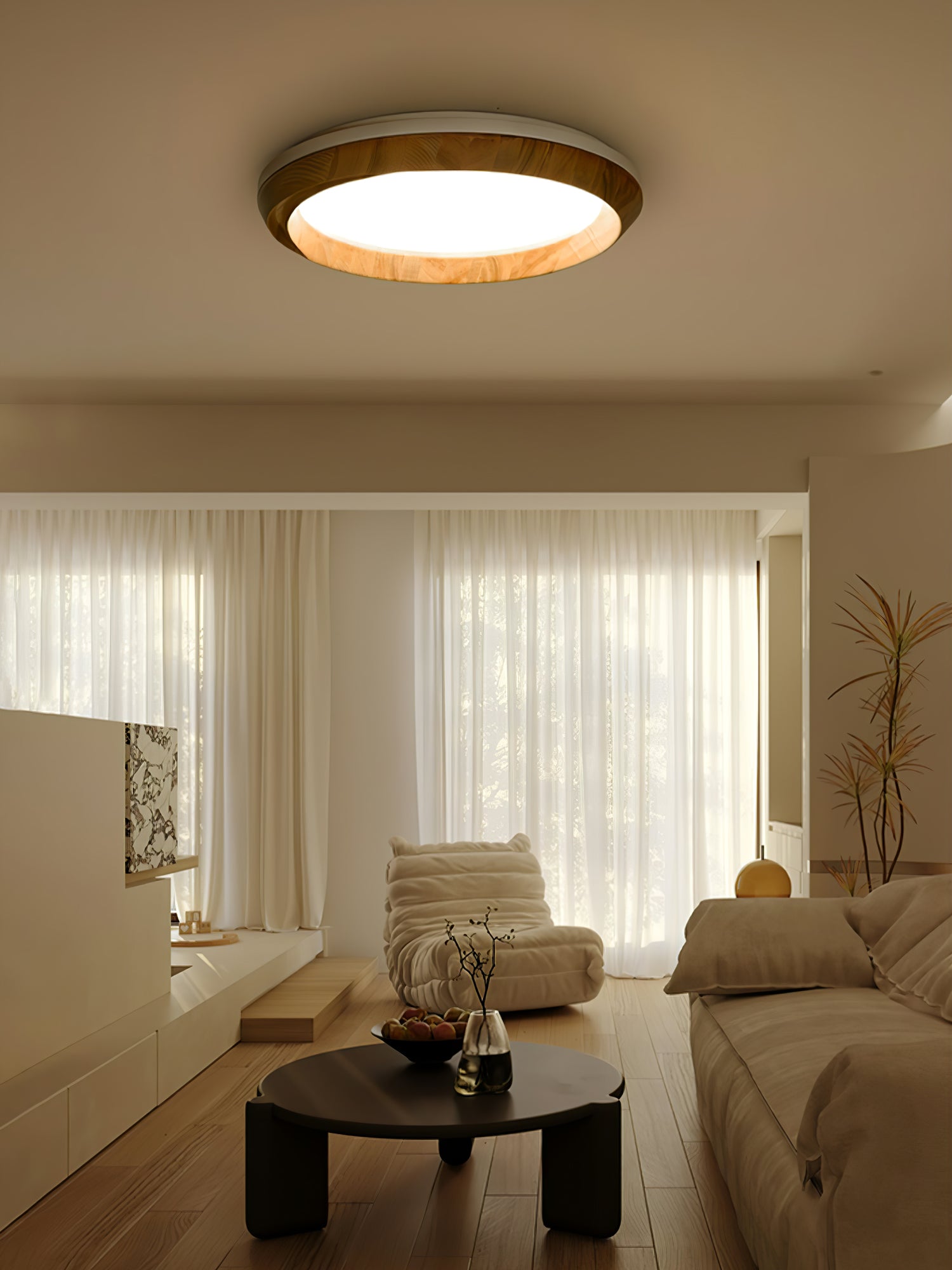 Modern Ripple Wood Integrated LED Ceiling Light Circular Flush Mount Fixture