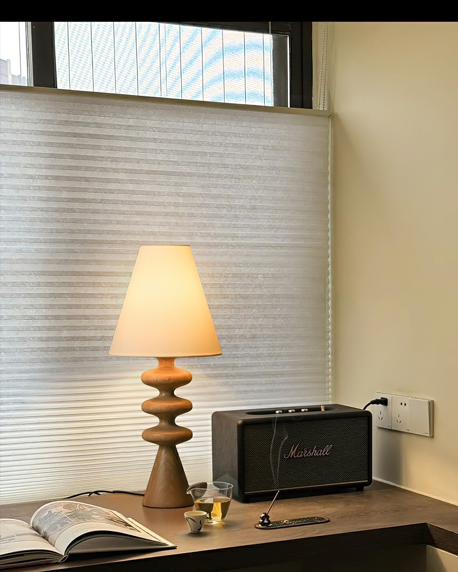 Ripple Wood Accent Table Lamp with Fabric Shade and Sculpted Base for Home Decor