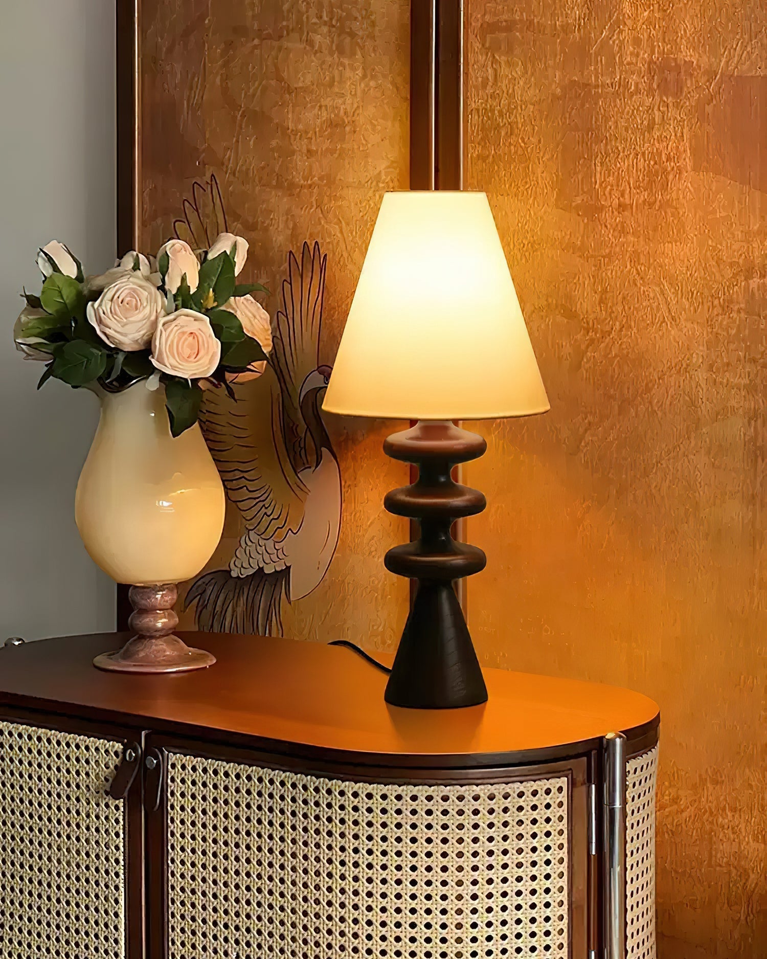 Ripple Wood Accent Table Lamp with Fabric Shade and Sculpted Base for Home Decor