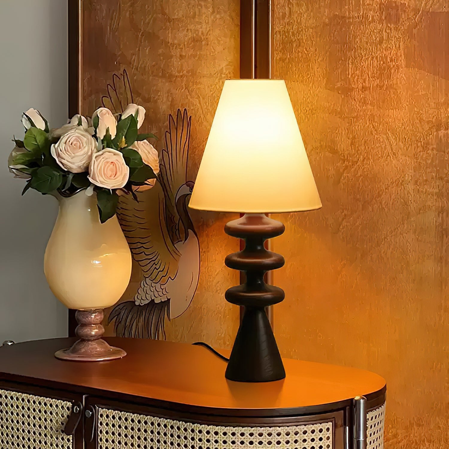 Ripple Wood Accent Table Lamp with Fabric Shade and Sculpted Base for Home Decor