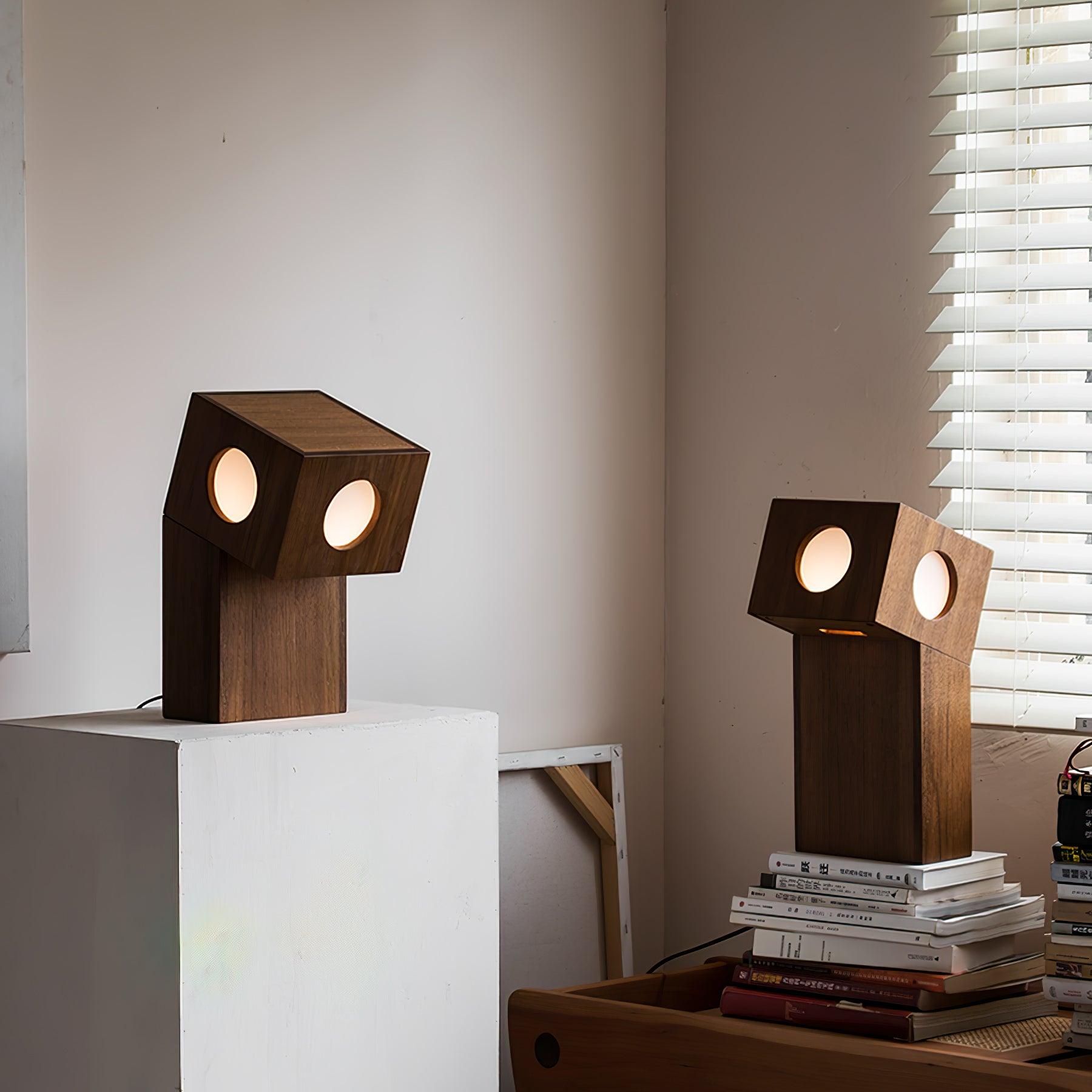 Portable Teak Totem Geometric Table Lamp with Warm LED Ambient Lighting for Modern Home Decor