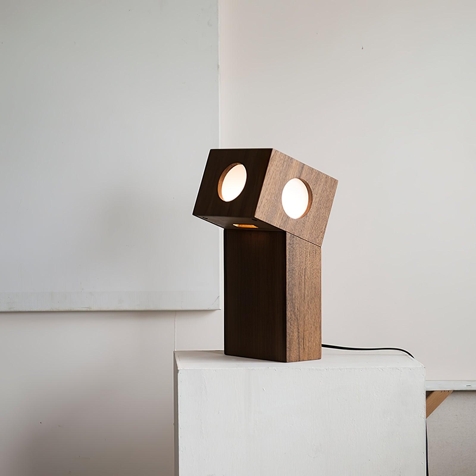 Portable Teak Totem Geometric Table Lamp with Warm LED Ambient Lighting for Modern Home Decor