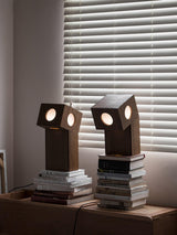 Portable Teak Totem Geometric Table Lamp with Warm LED Ambient Lighting for Modern Home Decor