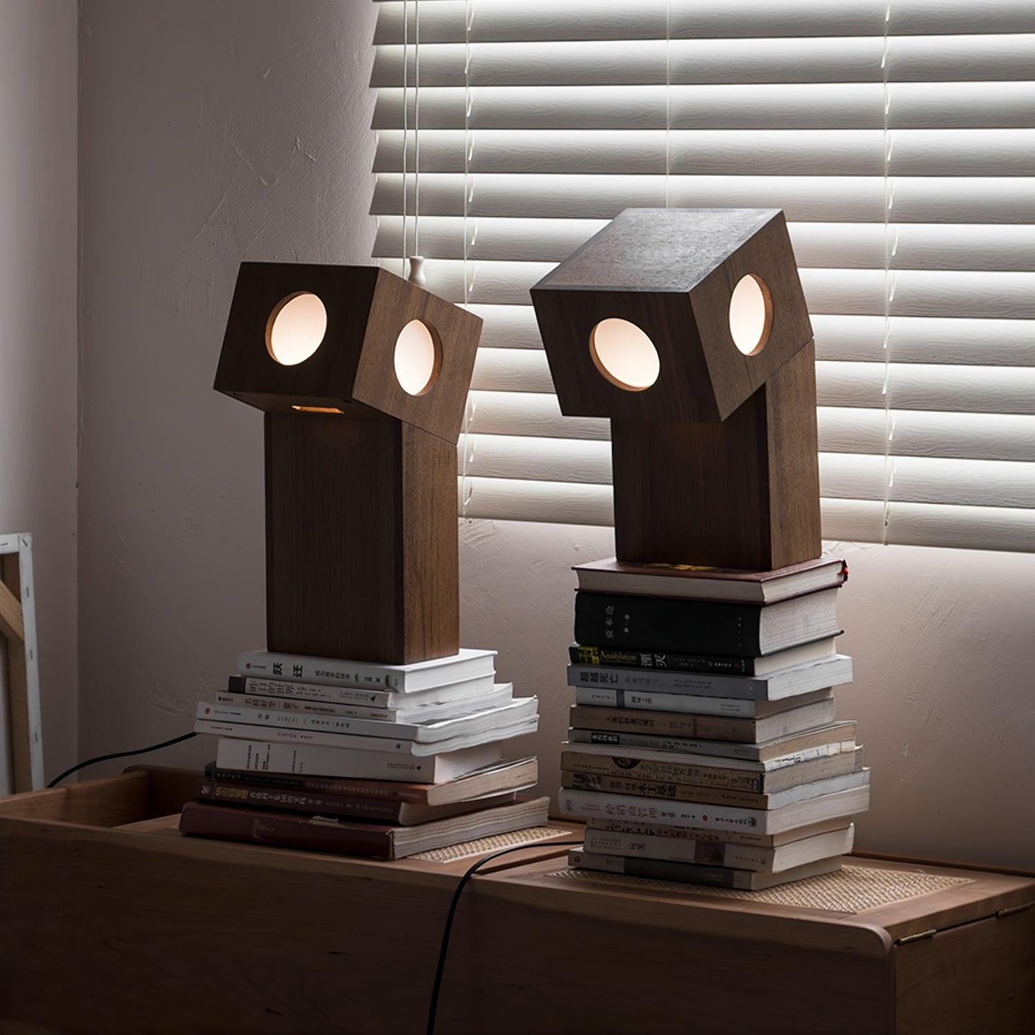 Portable Teak Totem Geometric Table Lamp with Warm LED Ambient Lighting for Modern Home Decor