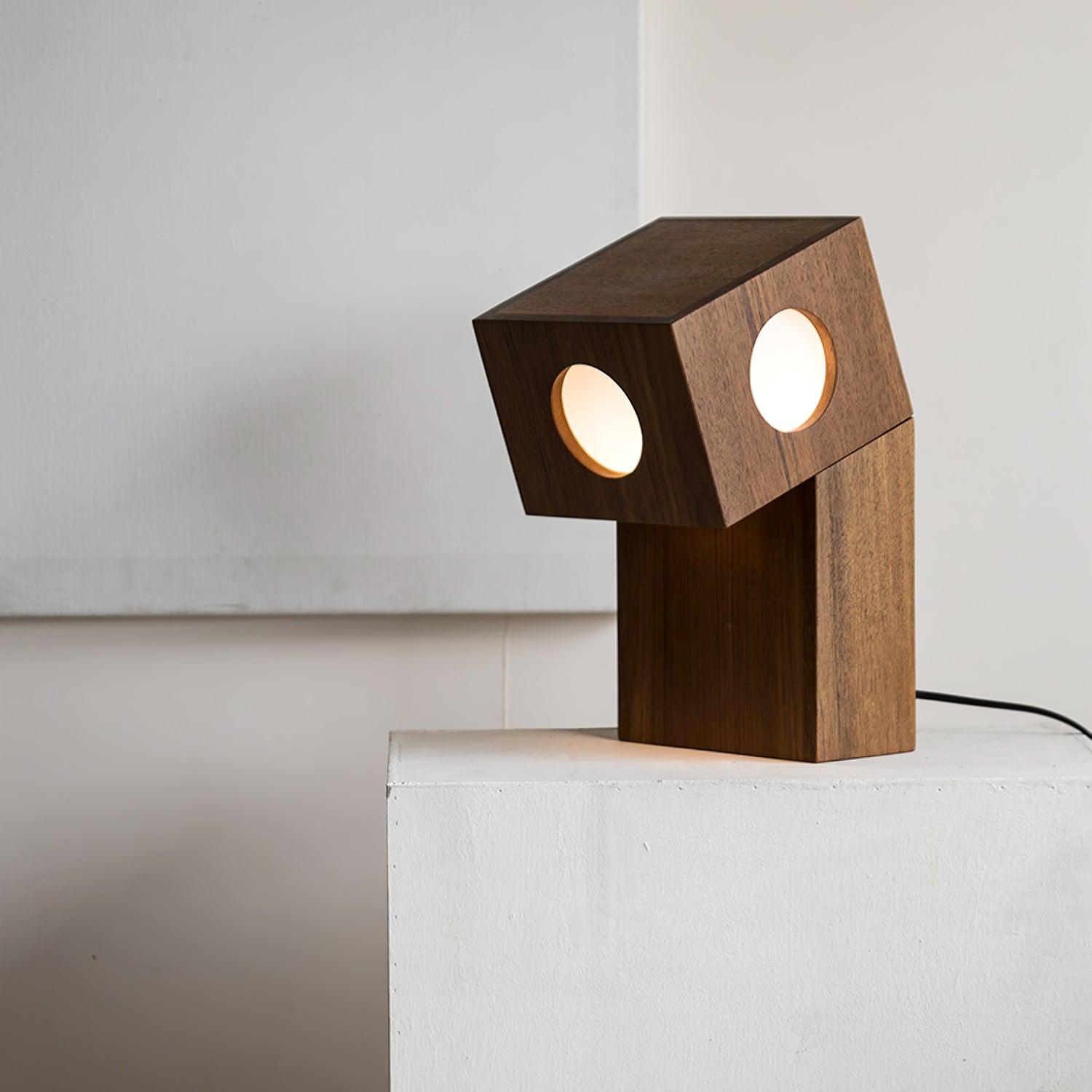 Portable Teak Totem Geometric Table Lamp with Warm LED Ambient Lighting for Modern Home Decor