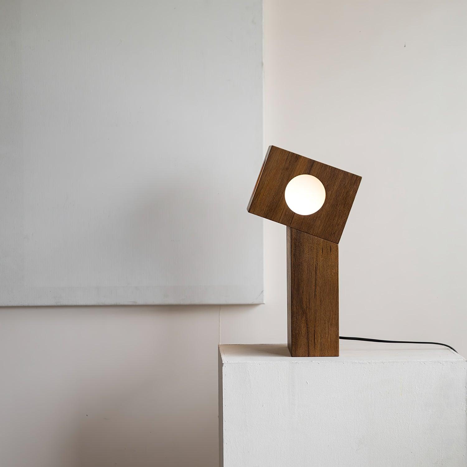 Portable Teak Totem Geometric Table Lamp with Warm LED Ambient Lighting for Modern Home Decor