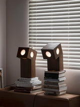 Portable Teak Totem Geometric Table Lamp with Warm LED Ambient Lighting for Modern Home Decor