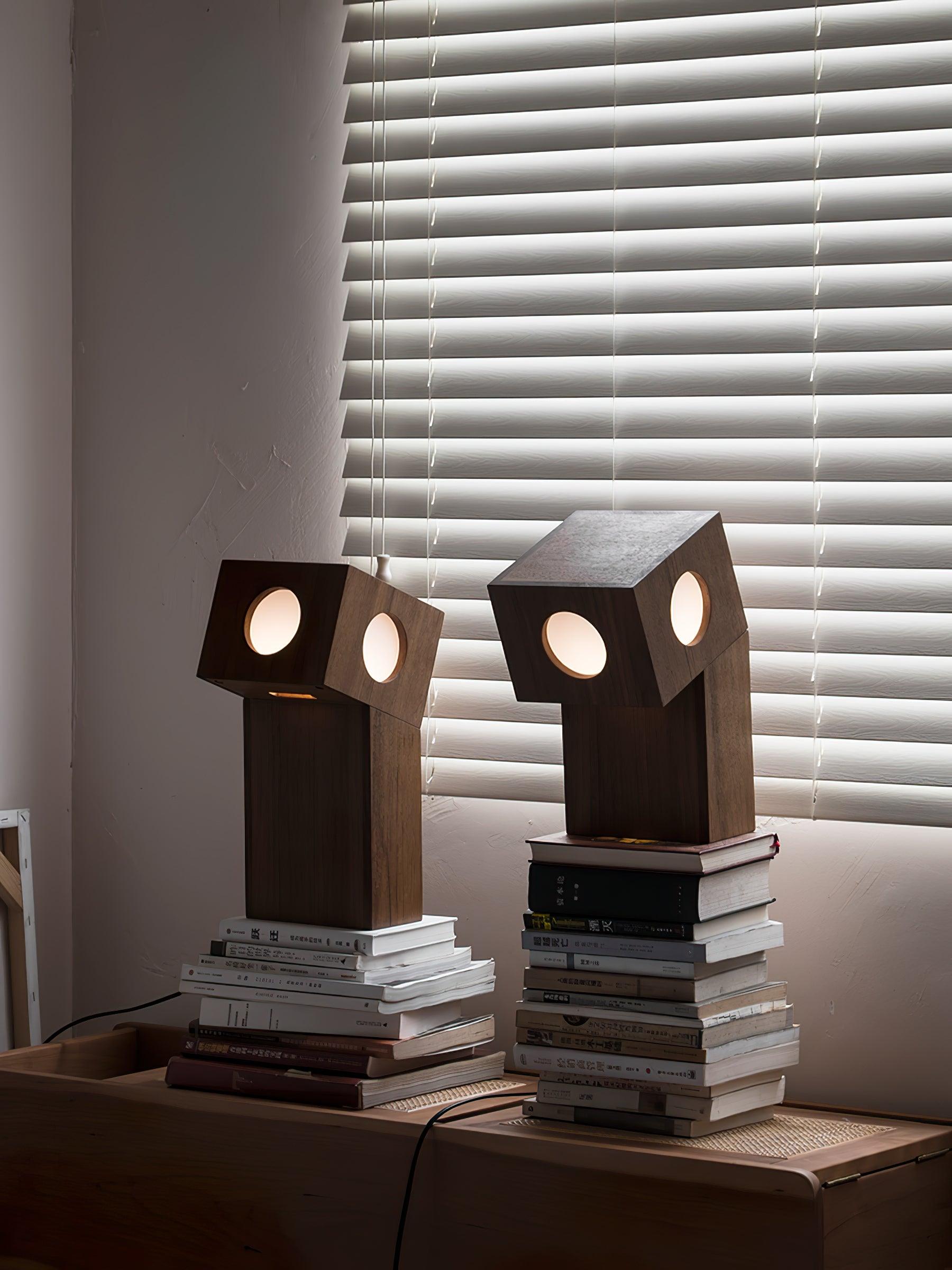 Portable Teak Totem Geometric Table Lamp with Warm LED Ambient Lighting for Modern Home Decor