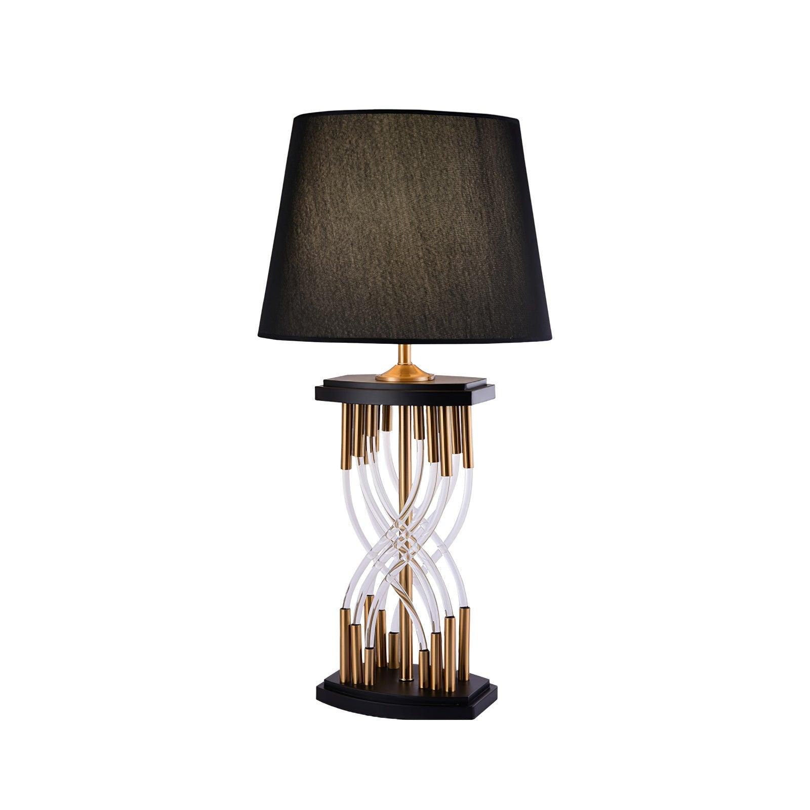 Modern Hourglass Glass Tube Table Lamp with Black Fabric Shade and Gold Metal Base