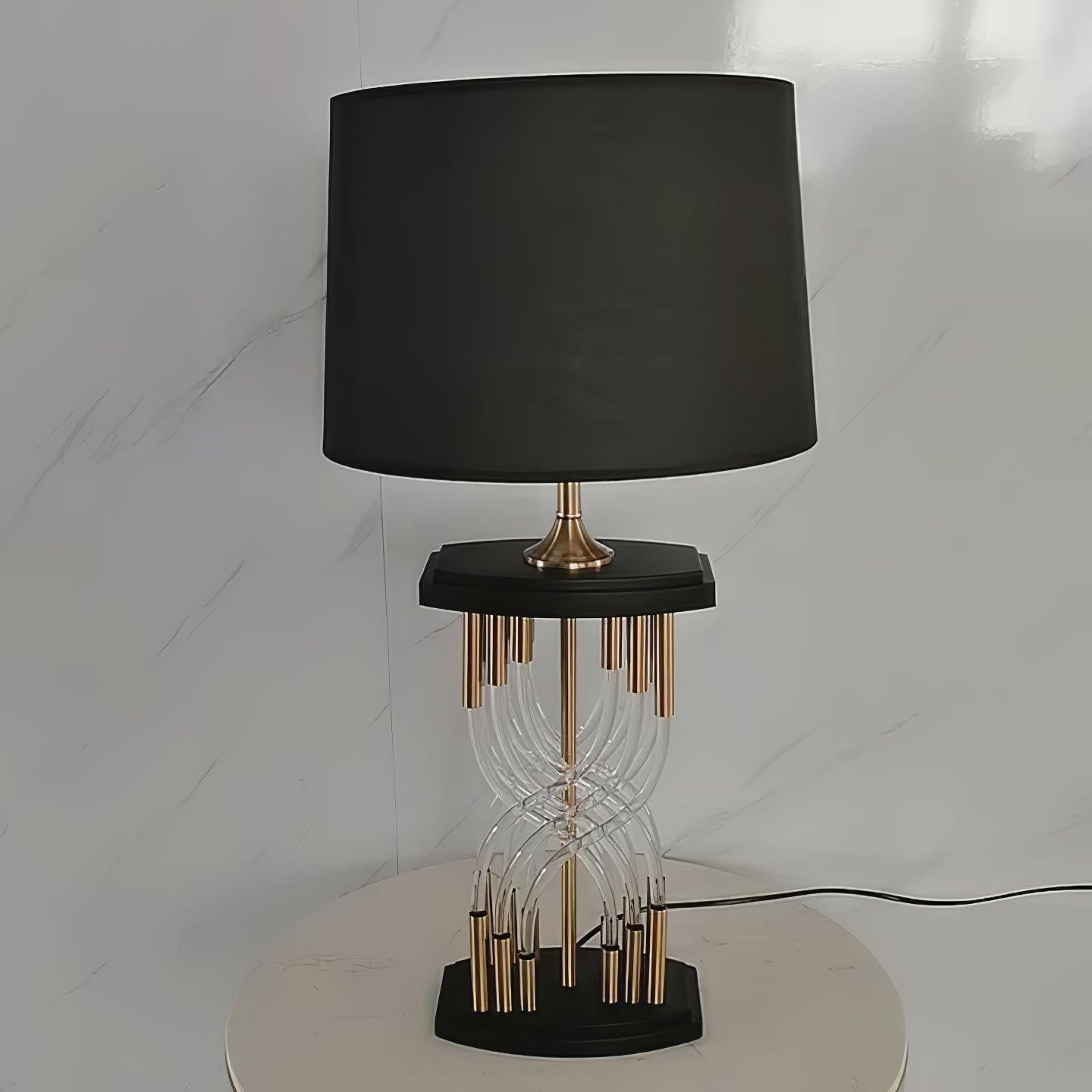Modern Hourglass Glass Tube Table Lamp with Black Fabric Shade and Gold Metal Base