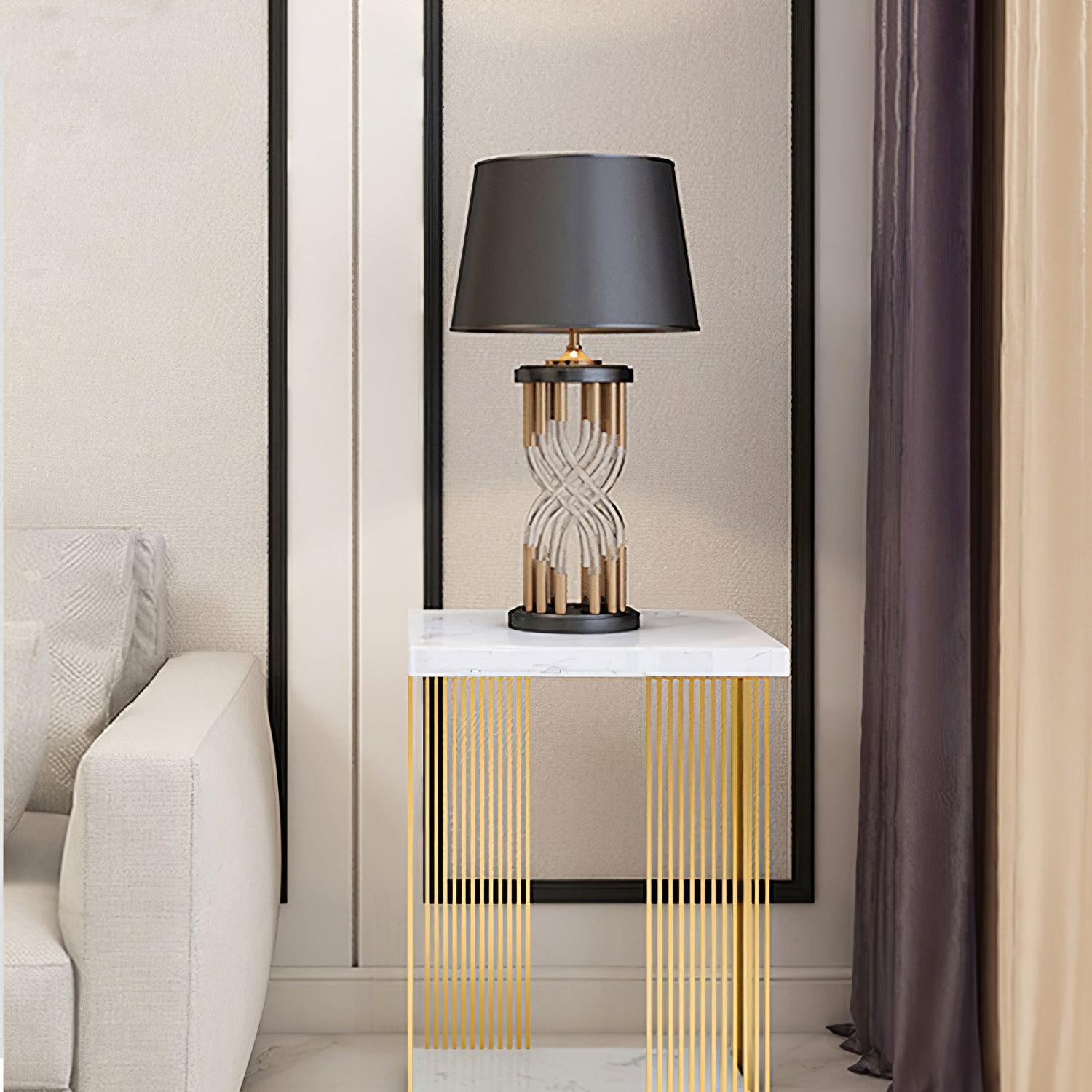 Modern Hourglass Glass Tube Table Lamp with Black Fabric Shade and Gold Metal Base