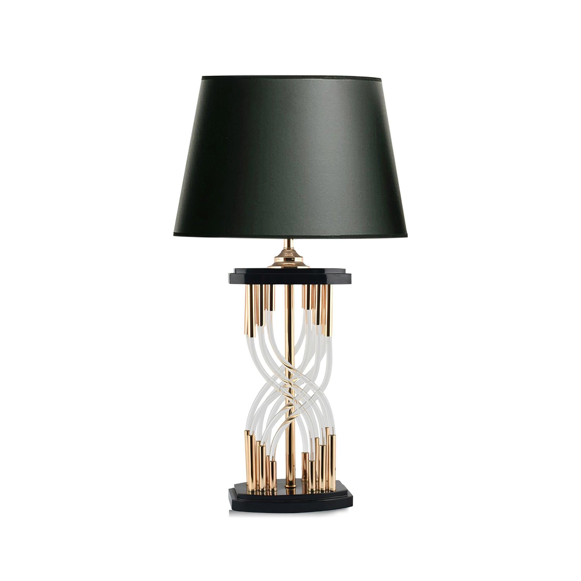 Modern Hourglass Glass Tube Table Lamp with Black Fabric Shade and Gold Metal Base