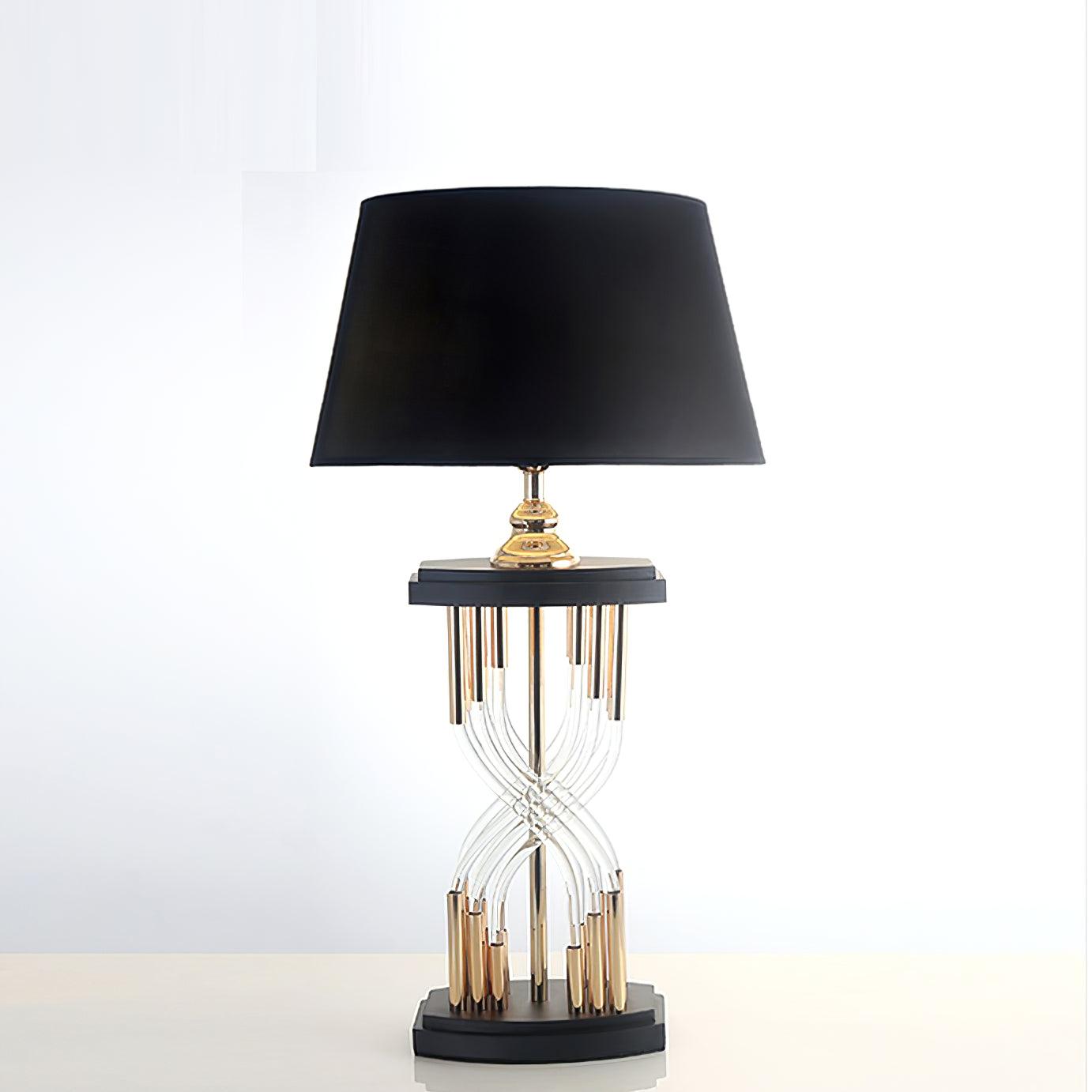 Modern Hourglass Glass Tube Table Lamp with Black Fabric Shade and Gold Metal Base