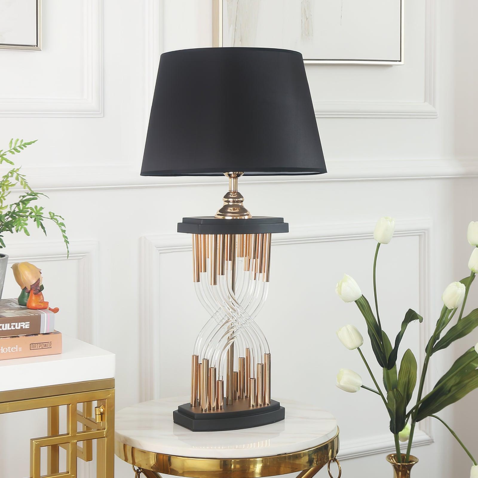 Modern Hourglass Glass Tube Table Lamp with Black Fabric Shade and Gold Metal Base