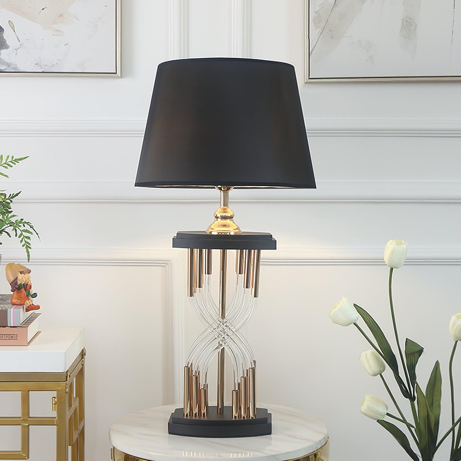 Modern Hourglass Glass Tube Table Lamp with Black Fabric Shade and Gold Metal Base