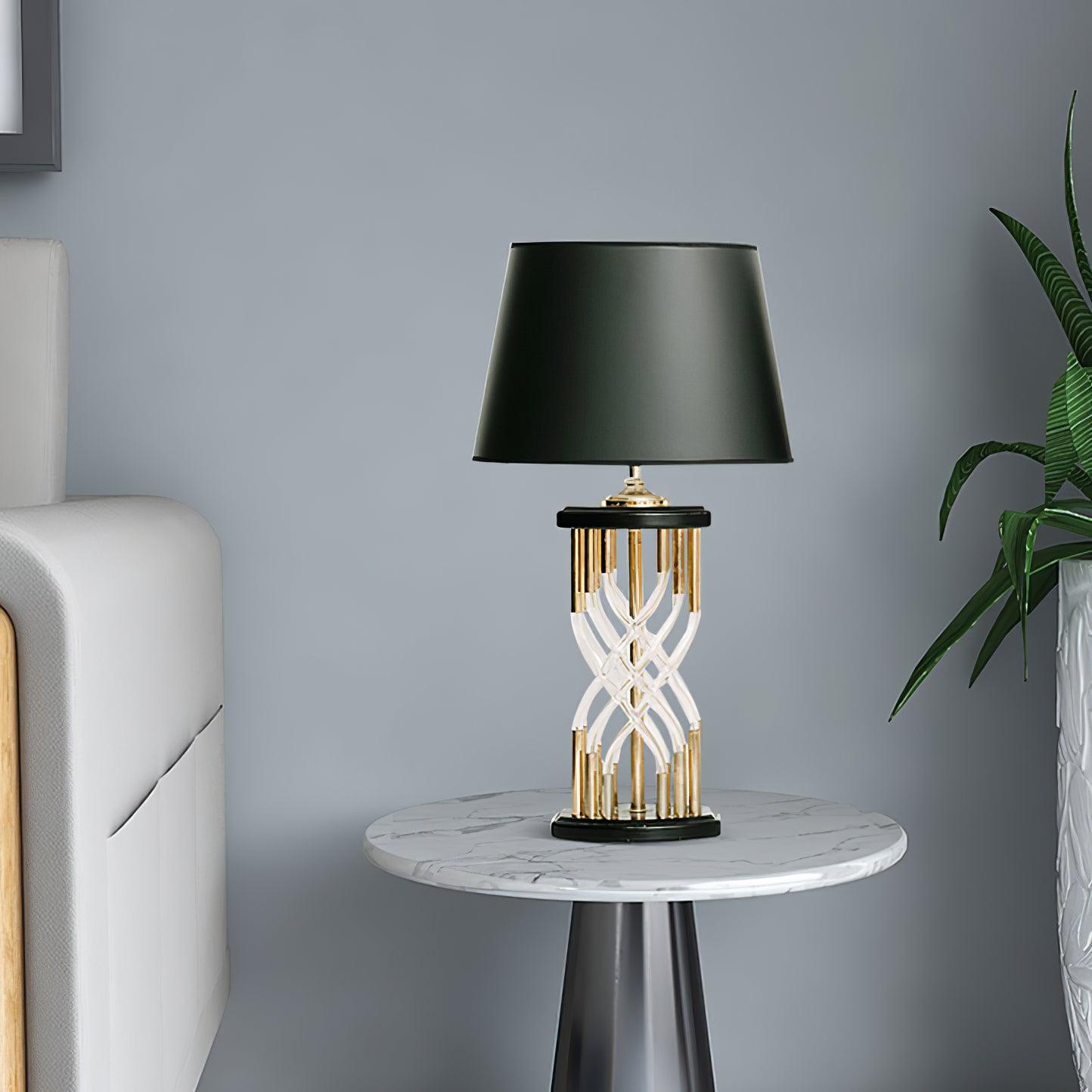 Modern Hourglass Glass Tube Table Lamp with Black Fabric Shade and Gold Metal Base