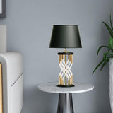 Modern Hourglass Glass Tube Table Lamp with Black Fabric Shade and Gold Metal Base