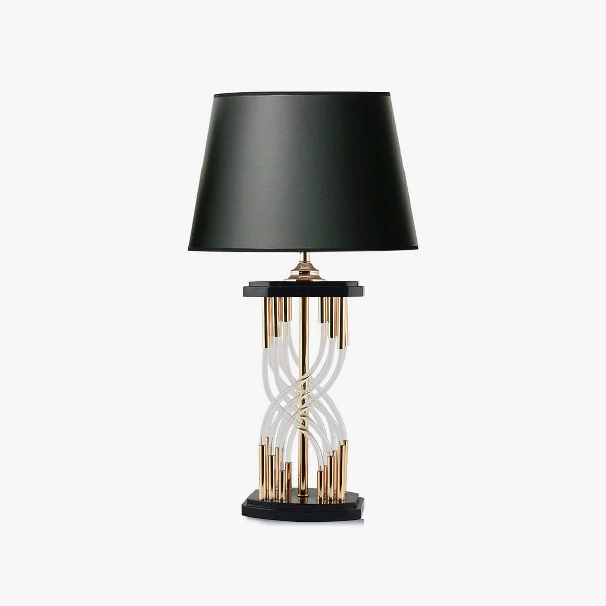 Modern Hourglass Glass Tube Table Lamp with Black Fabric Shade and Gold Metal Base