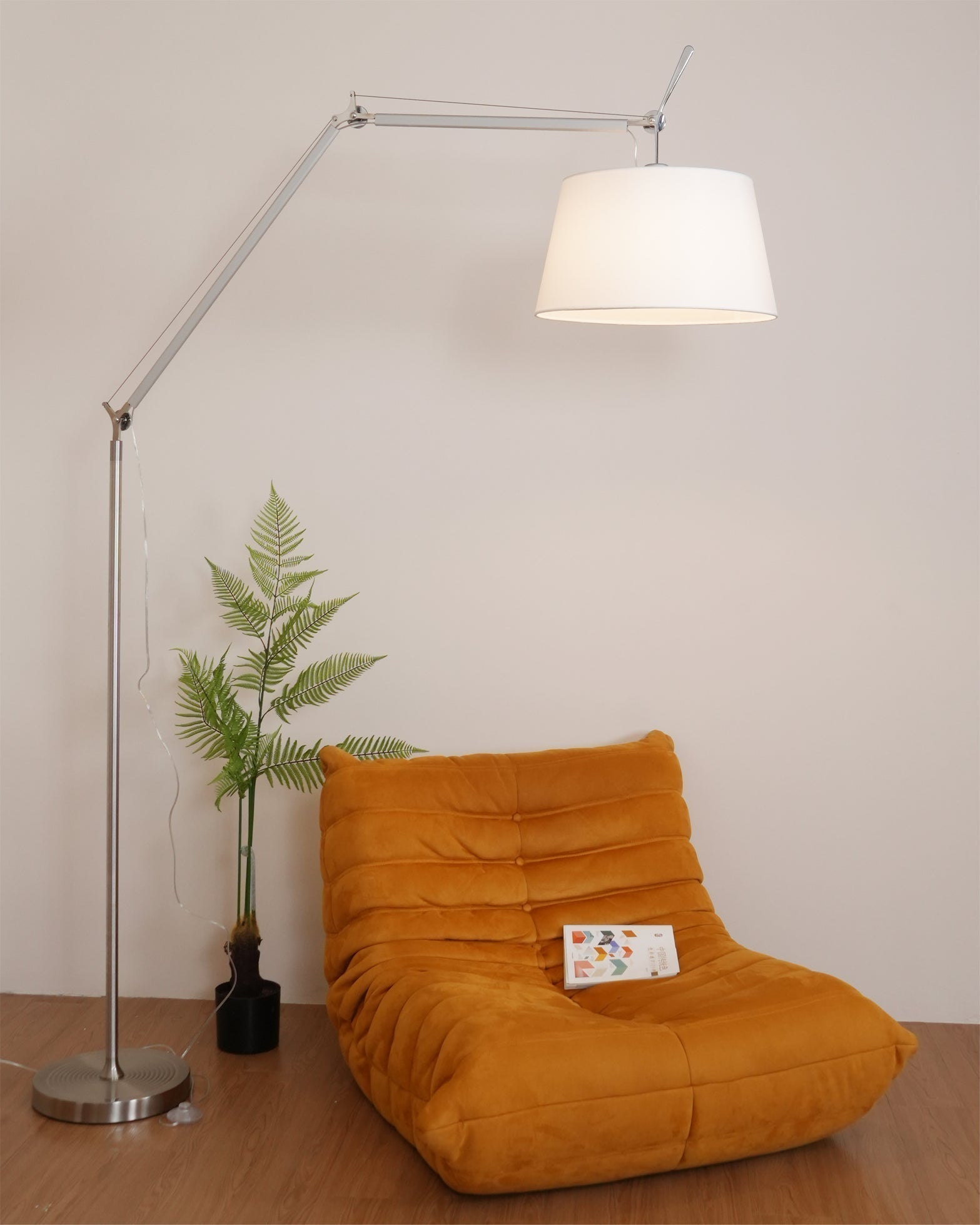Rocker Adjustable Modern Floor Lamp with Chrome Body and White Fabric Drum Shade