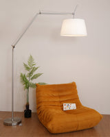 Rocker Adjustable Modern Floor Lamp with Chrome Body and White Fabric Drum Shade