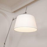 Rocker Adjustable Modern Floor Lamp with Chrome Body and White Fabric Drum Shade